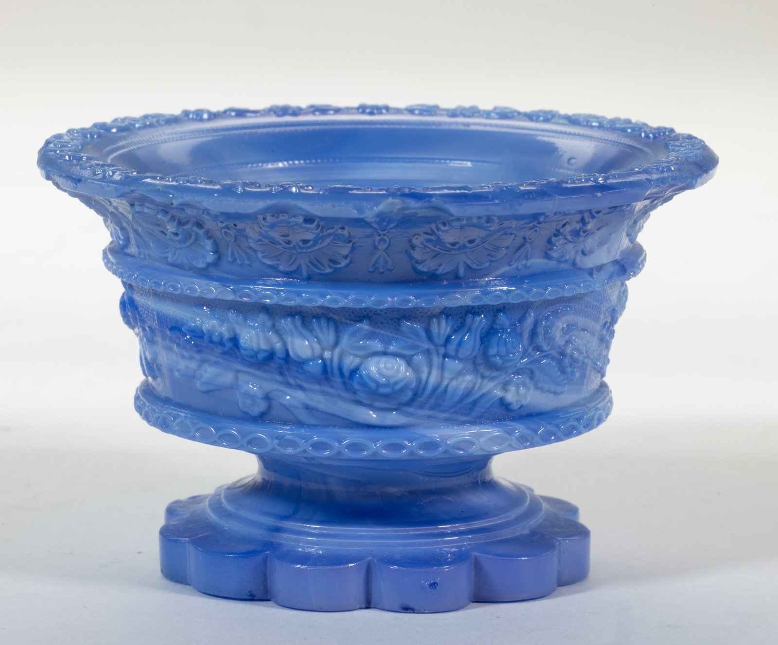 RP-3 ROUND FLORAL PRESSED OPEN SALT: RP-3 ROUND FLORAL PRESSED OPEN SALT, mottled silvery opaque powder to violet blue with distinctive periwinkle swirls to interior, intricate foliate chain-top rim with inner rope rings, 12-scallop foot