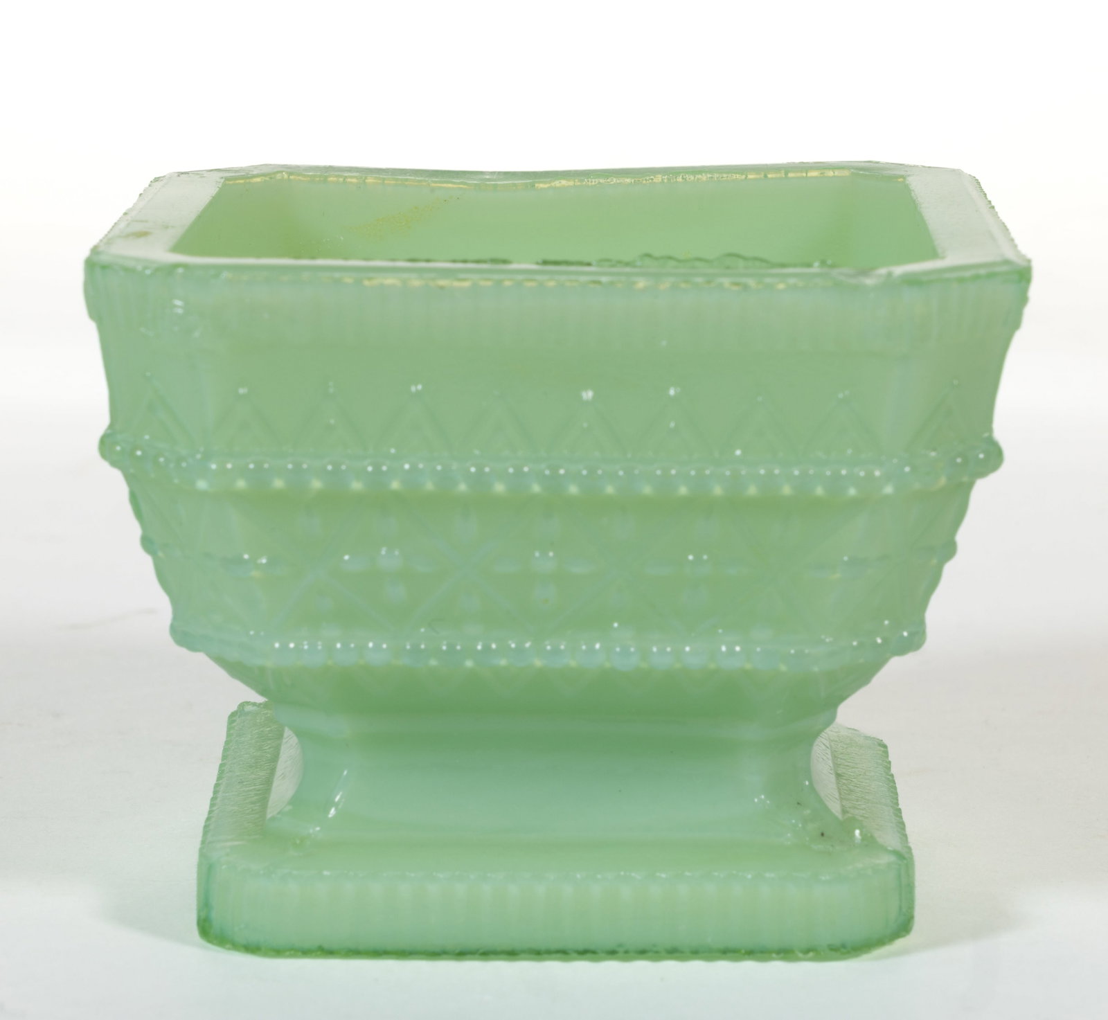 SE-2 UNLISTED SQUARE PRESSED OPEN SALT: SE-2 UNLISTED SQUARE PRESSED OPEN SALT, jadeite green (reacts under black light), square body with canted corners, flat rim with serrated outer edge, diamond and quatrefoil pattern to the exterior, ra