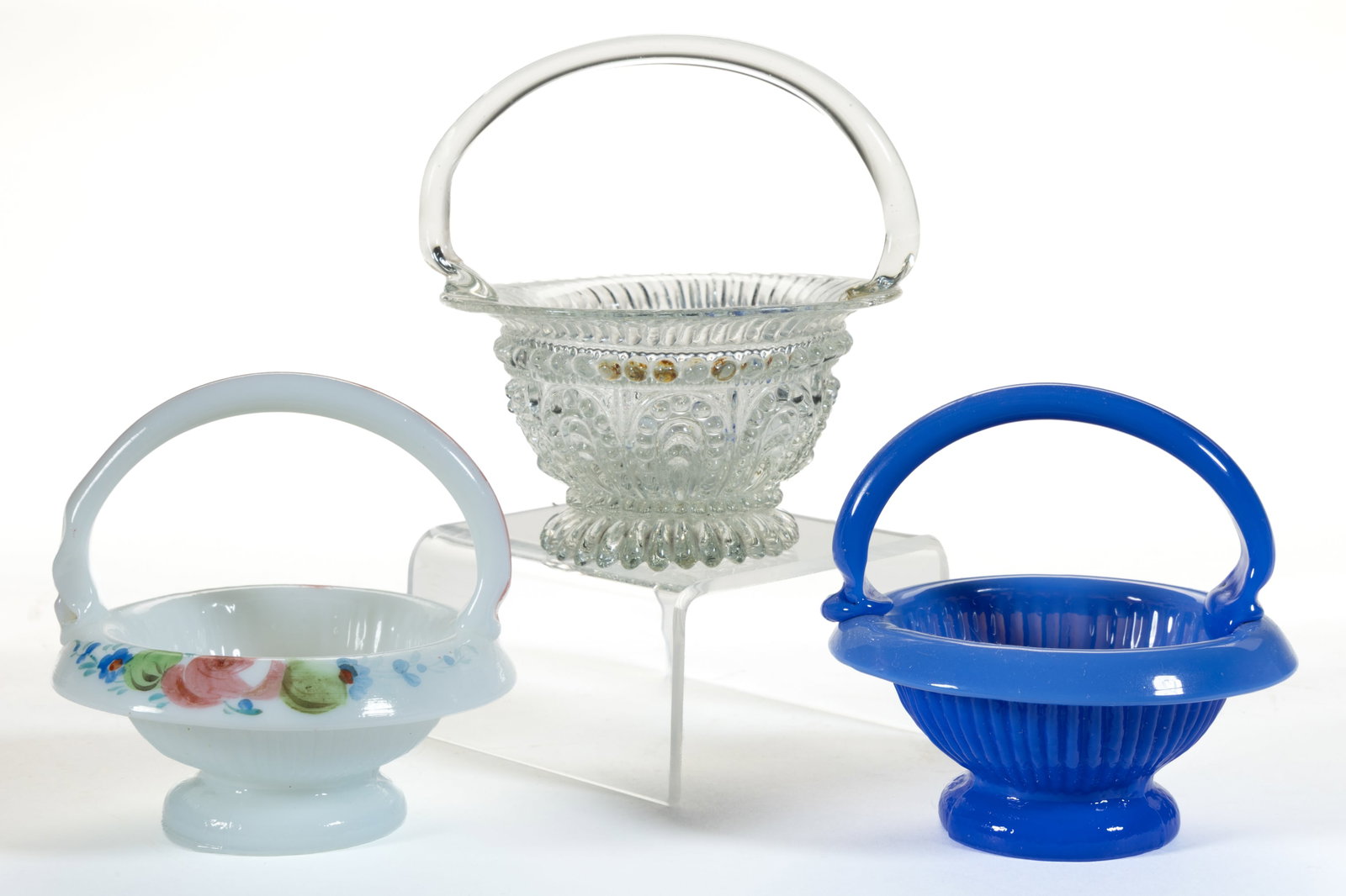 ASSORTED BLOWN-MOLDED BASKET OPEN SALTS, LOT OF THREE (1 of 1)