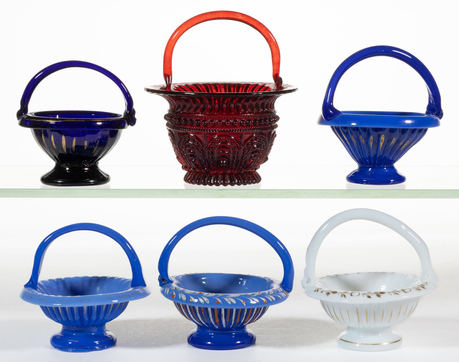 BLOWN / PRESSURE-MOLDED GLASS BASKET OPEN SALTS, LOT OF FIVE (1 of 1)