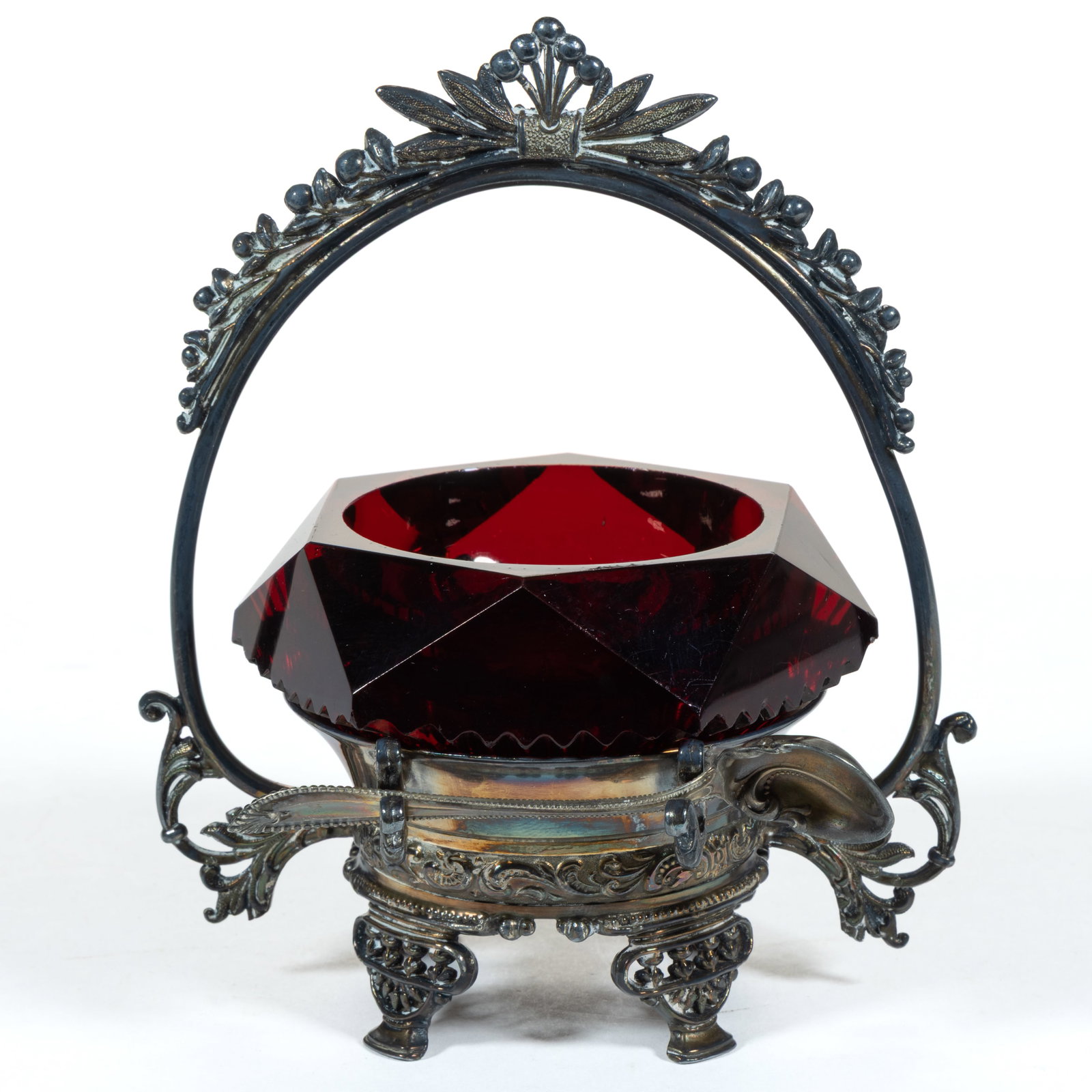PRESSED FACETED AND RIBBED HEXAGONAL MASTER SALT: PRESSED FACETED AND RIBBED HEXAGONAL MASTER SALT, deep ruby, with star cut underside, fitted into a quadruple-plated stand marked for "MERIDEN" and numbered
