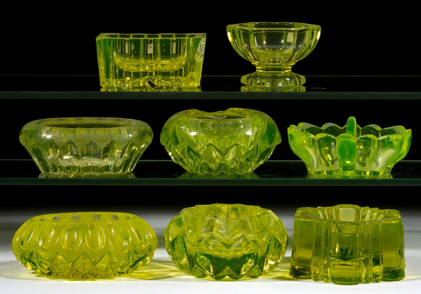 ASSORTED FLINT CANARY PRESSED GLASS MASTER SALTS, LOT OF EIGHT (1 of 1)