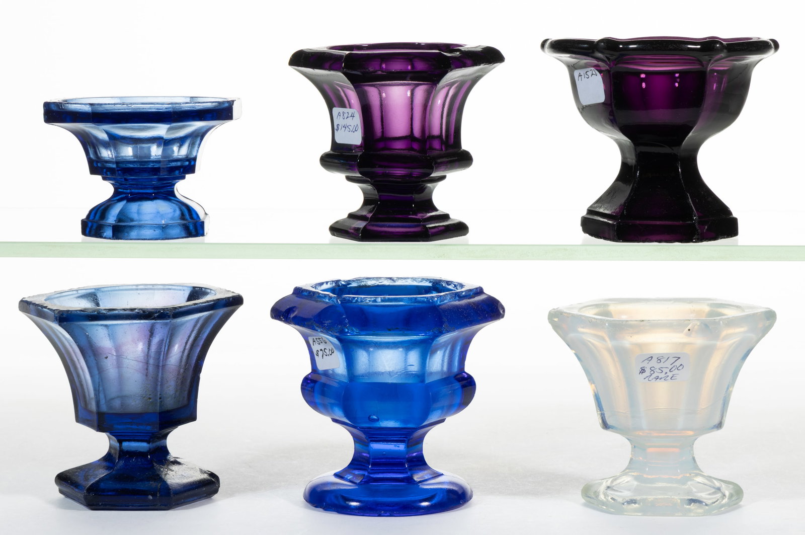 ASSORTED PRESSED HEAVY GLASS PEDESTAL OPEN SALTS, LOT OF SIX (1 of 1)
