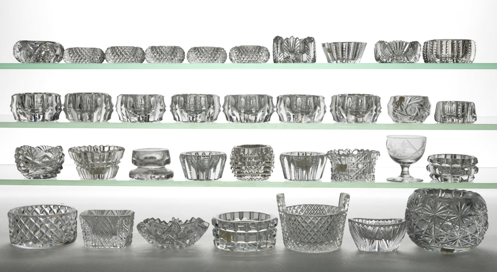 ASSORTED CUT AND ENGRAVED GLASS OPEN SALTS, LOT OF 35 (1 of 1)