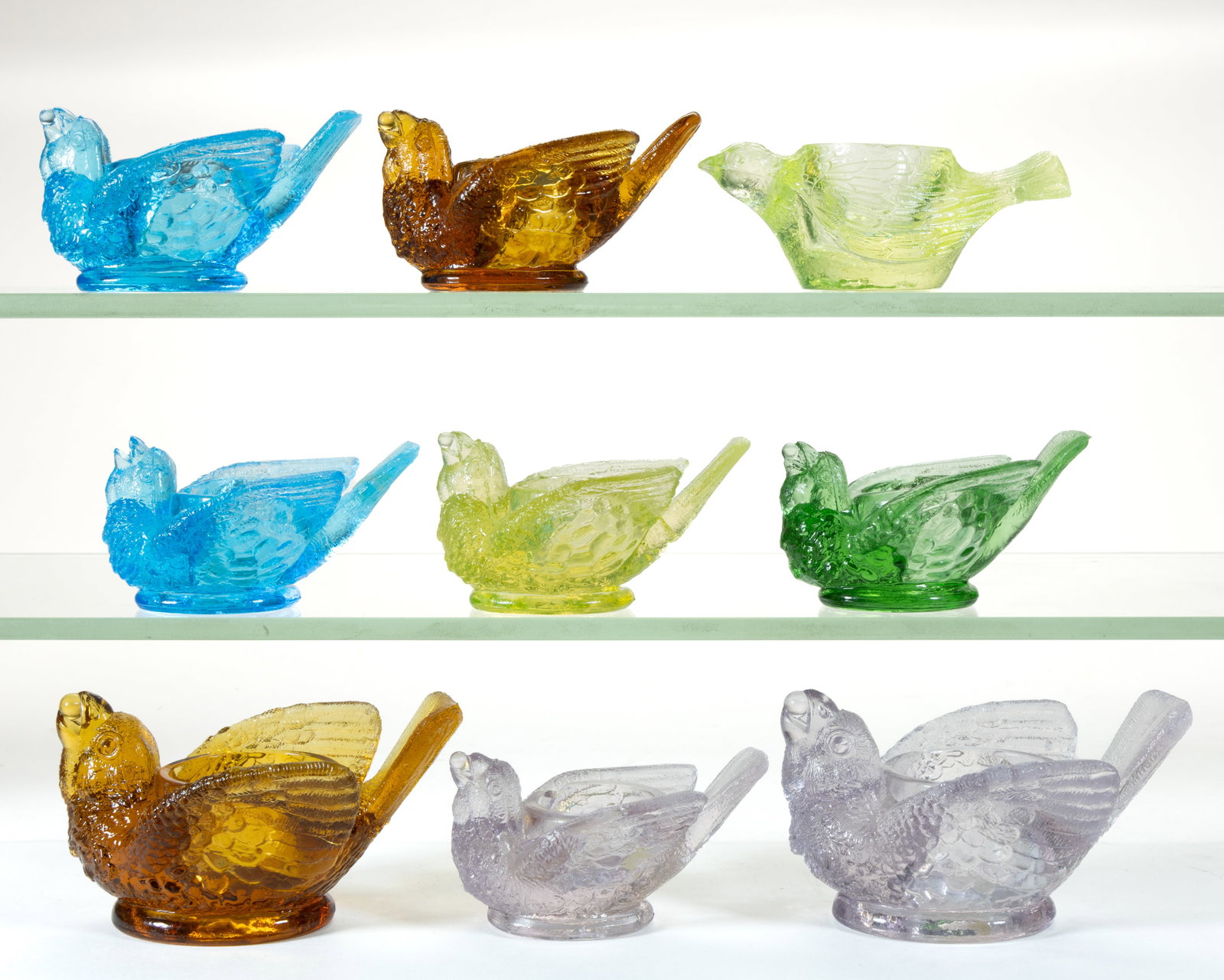 ASSORTED PRESSED FIGURAL BIRD GLASS OPEN SALTS, LOT OF NINE (1 of 1)