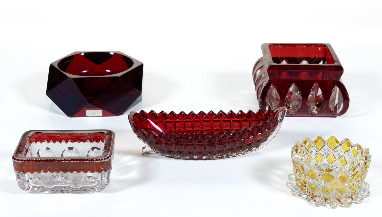 ASSORTED STAINED EAPG / PRESSED GLASS OPEN SALTS, LOT OF FIVE (1 of 1)