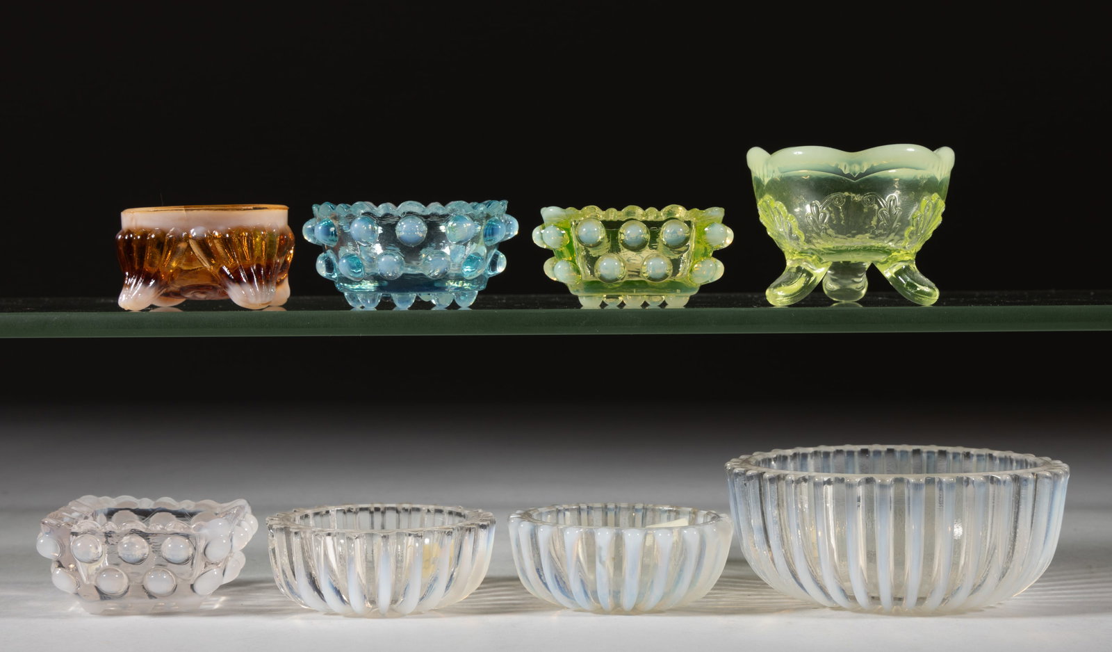 ASSORTED PRESSED OPALESCENT GLASS OPEN SALTS, LOT OF EIGHT (1 of 1)