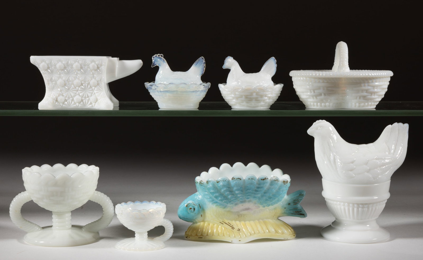 ASSORTED PRESSED OPAQUE GLASS OPEN SALTS, LOT OF EIGHT (1 of 1)