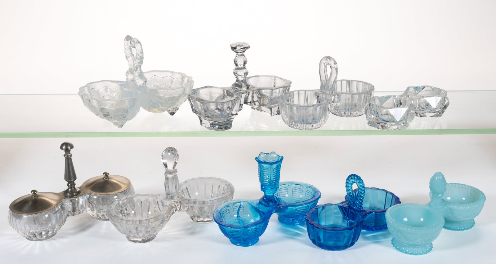 ASSORTED PRESSED GLASS DOUBLE OPEN SALTS, LOT OF NINE (1 of 1)