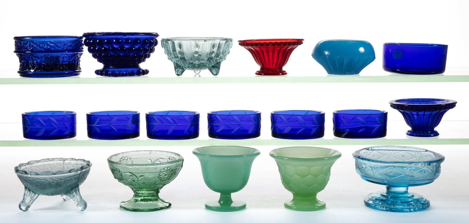 ASSORTED COLORED PRESSED AND OTHER GLASS OPEN SALTS, LOT OF 18 (1 of 1)