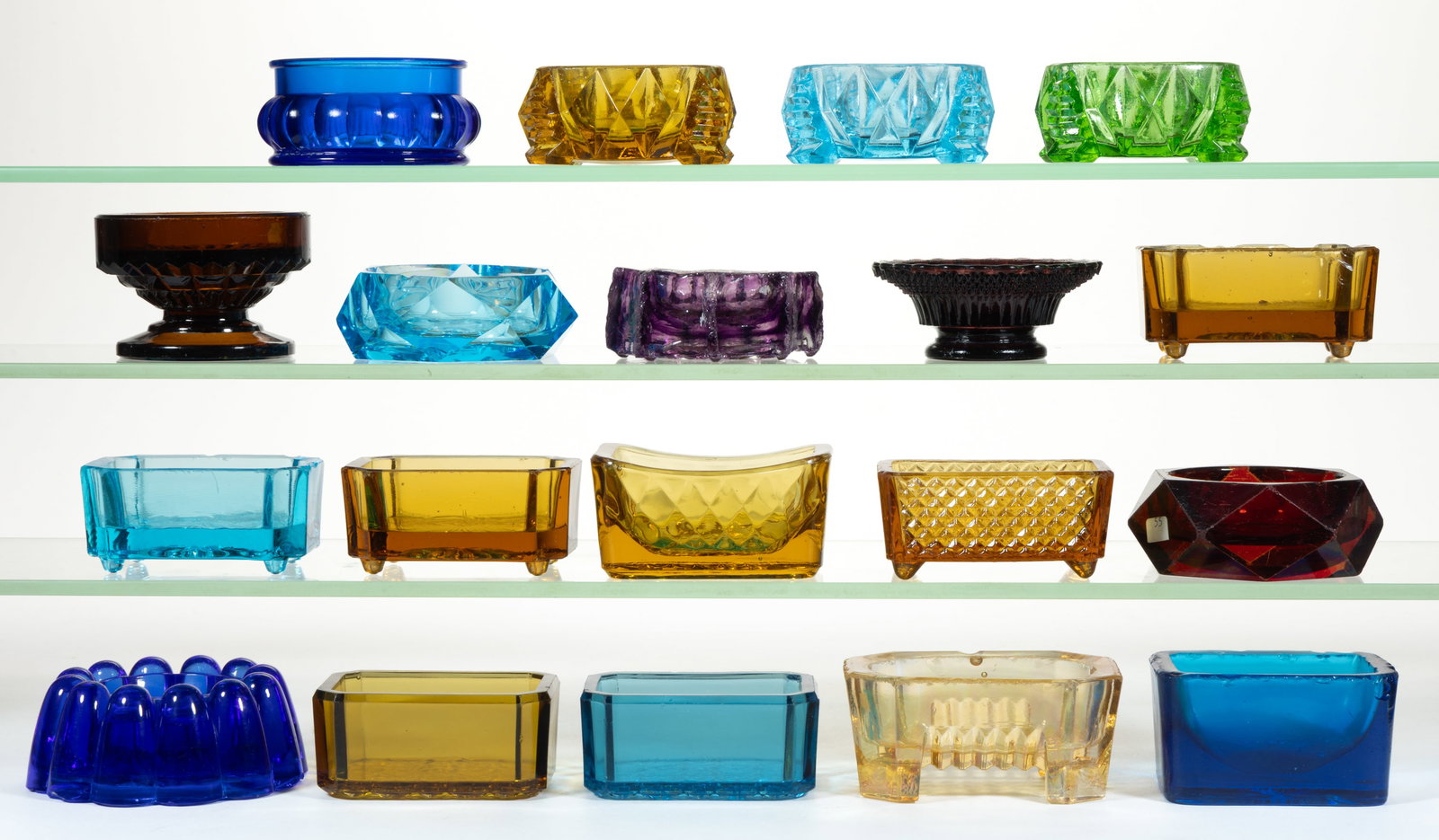 ASSORTED PRESSED COLORED GLASS OPEN SALTS, LOT OF 19 (1 of 1)