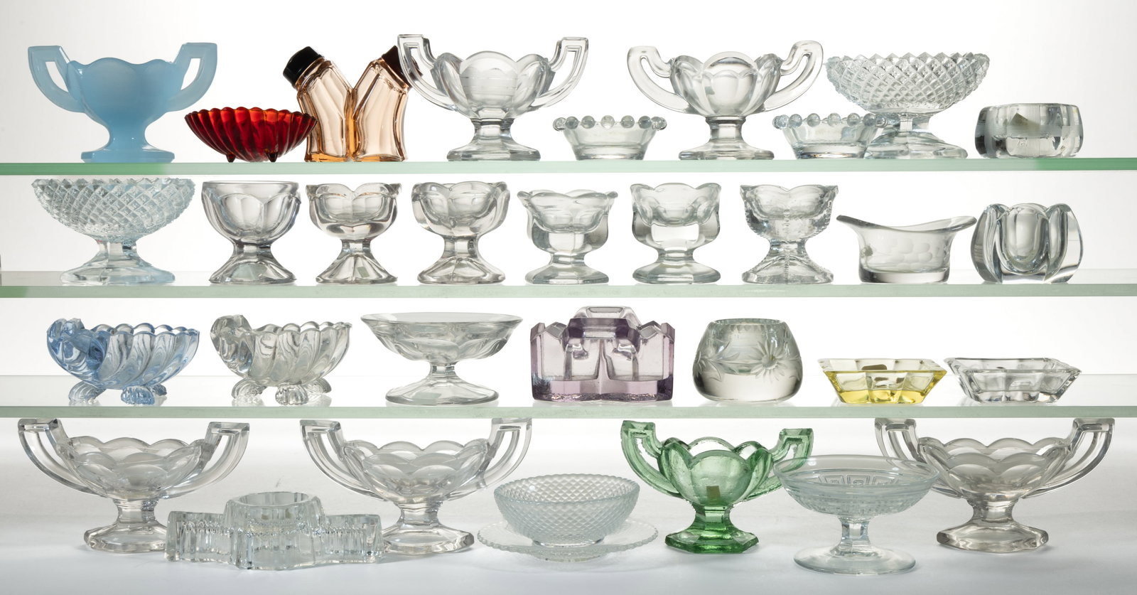 ASSORTED ELEGANT GLASS OPEN AND OTHER SALTS, LOT OF 33 (1 of 1)