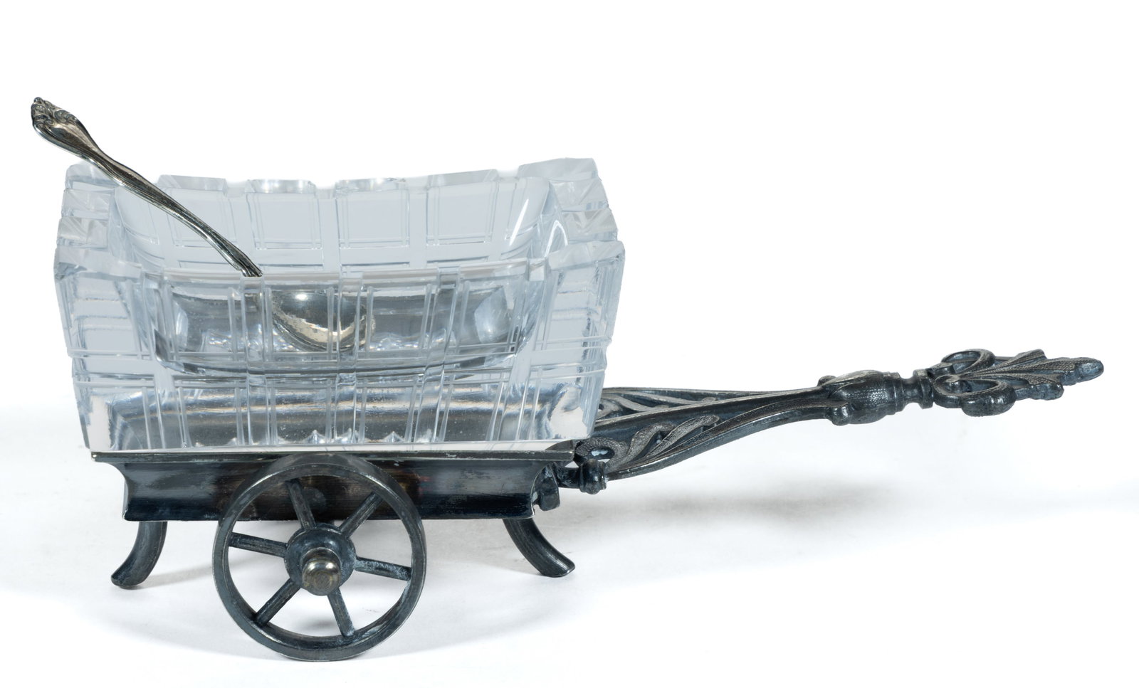 OPEN SALT IN CART: OPEN SALT IN CART, colorless, rectangular form with square facets, fitted into a silver-plated cart marked for "ROGERS SMITH & CO." and numbered "39", with metal spoo