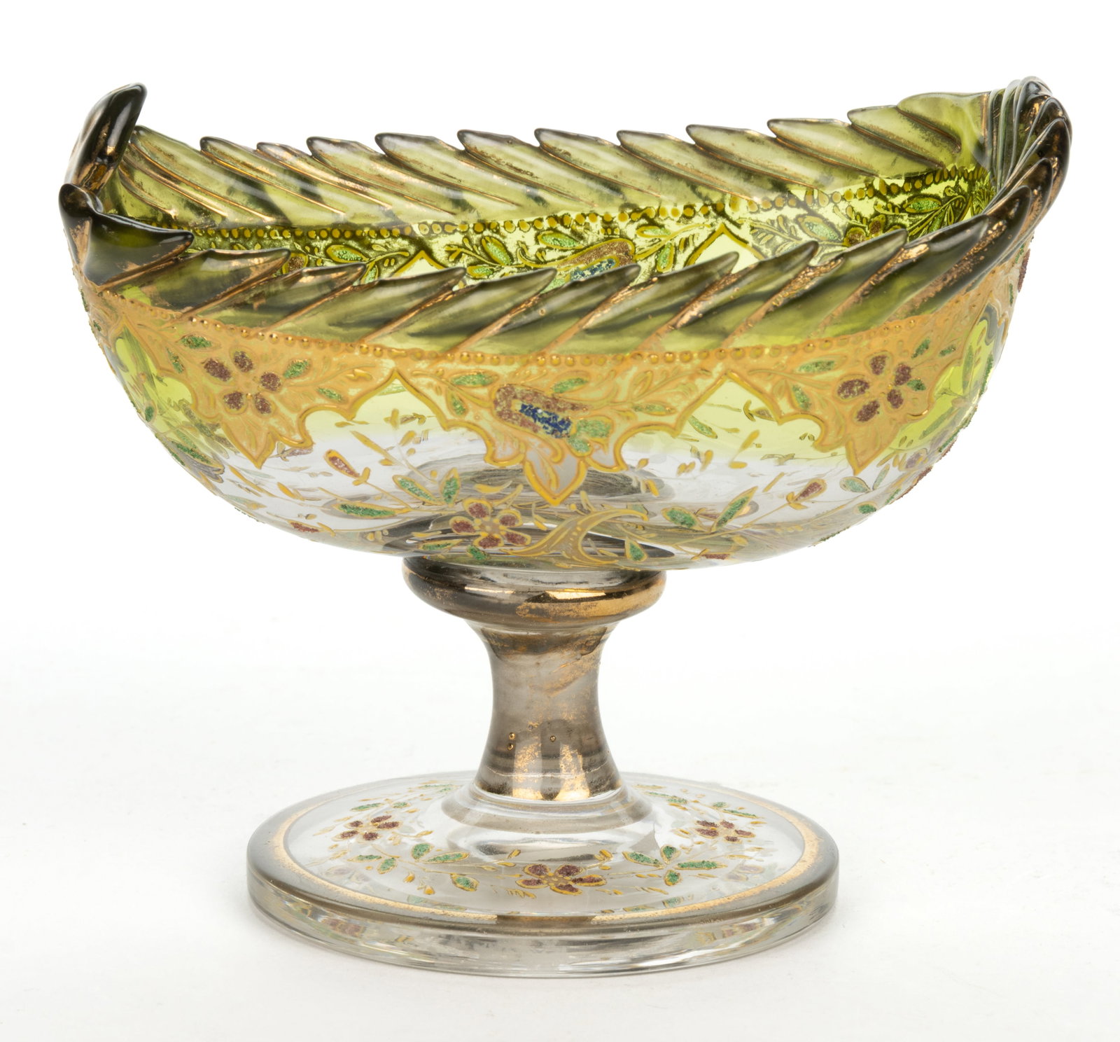 MOSER ATTRIBUTED GILT AND ENAMEL-DECORATED ART GLASS OPEN MASTER SALT: MOSER ATTRIBUTED GILT AND ENAMEL-DECORATED ART GLASS OPEN MASTER SALT, green shaded to colorless, footed with ornate polychrome-enamel decoration and gilt detailing to the rim, polished pontil ma