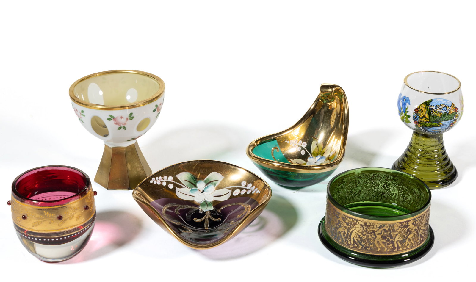 ASSORTED BOHEMIAN ENAMEL-DECORATED GLASS OPEN SALTS, LOT OF SIX: ASSORTED BOHEMIAN ENAMEL-DECORATED GLASS OPEN SALTS, LOT OF SIX, various colors, including a Moser Sovereign master salt, a tear-drop form salt with heavy gilt decoration and applied flower,