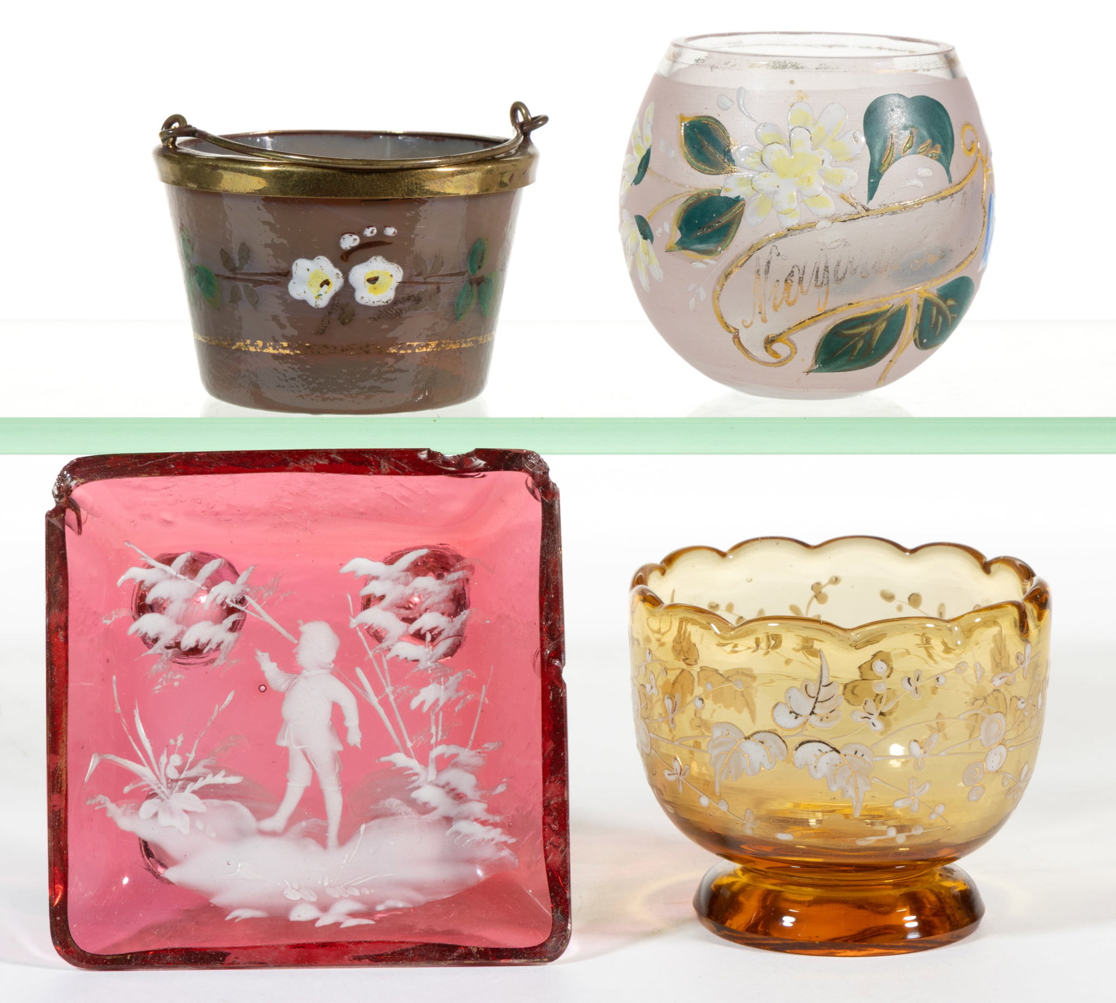 ASSORTED VICTORIAN ENAMEL-DECORATED GLASS OPEN SALTS, LOT OF FOUR (1 of 1)