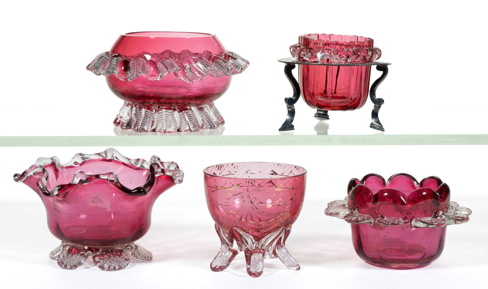 ASSORTED VICTORIAN APPLIED-DECORATED OPEN SALTS, LOT OF FIVE (1 of 1)