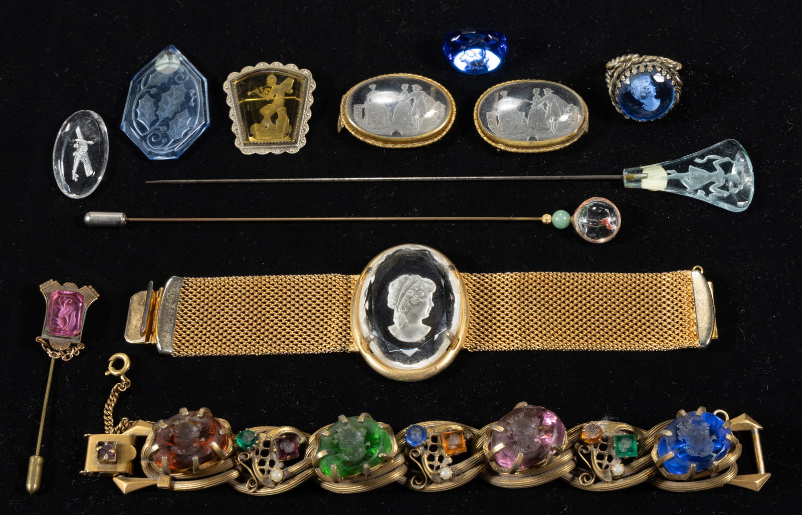 CZECHOSLOVAKIAN INTAGLIO GLASS JEWELRY ARTICLES, LOT OF 12 (1 of 1)