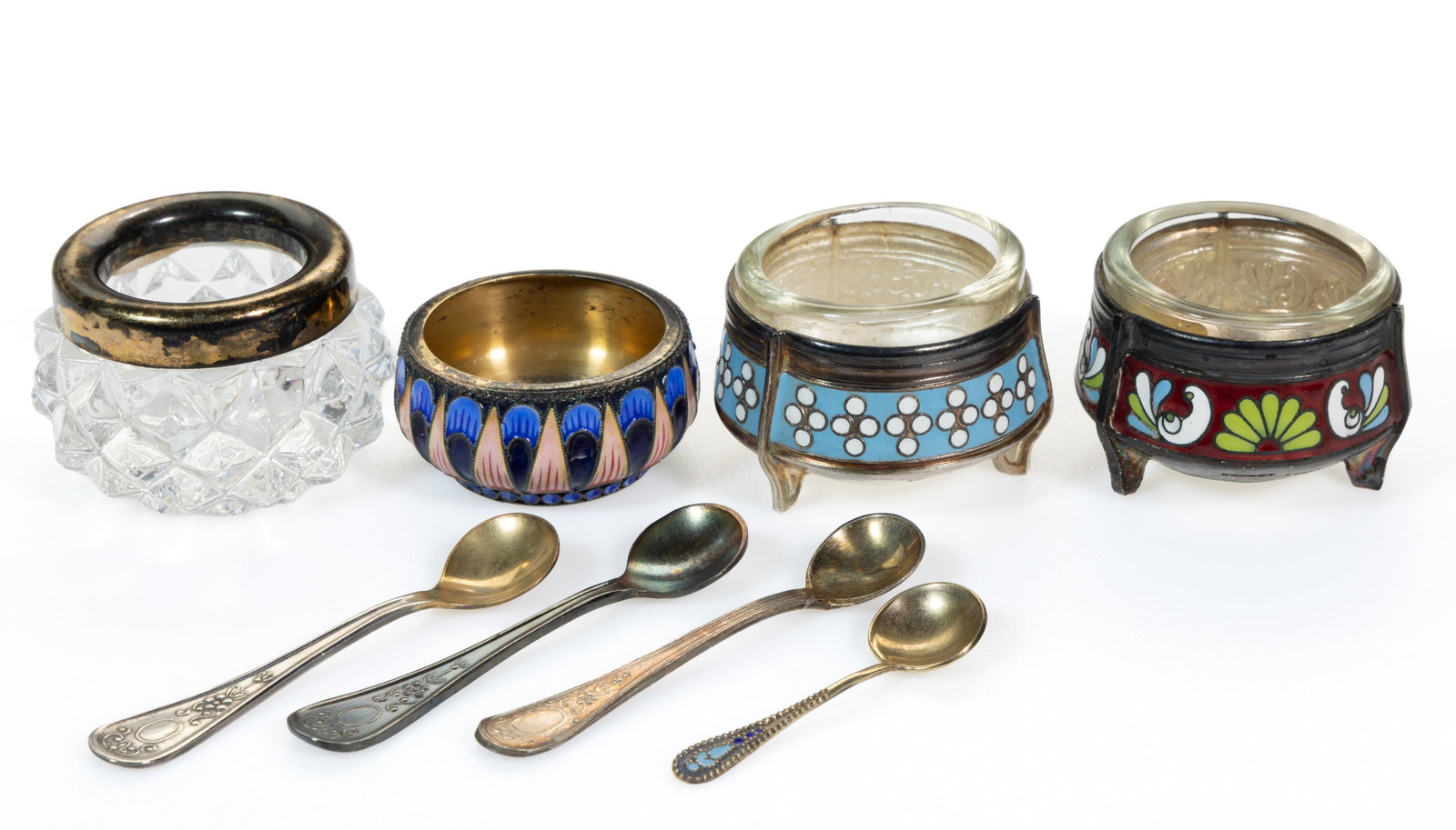 RUSSIAN 0.875 AND 0.916 SILVER AND OTHER OPEN SALTS AND SALT SPOONS, LOT OF EIGHT (1 of 2)