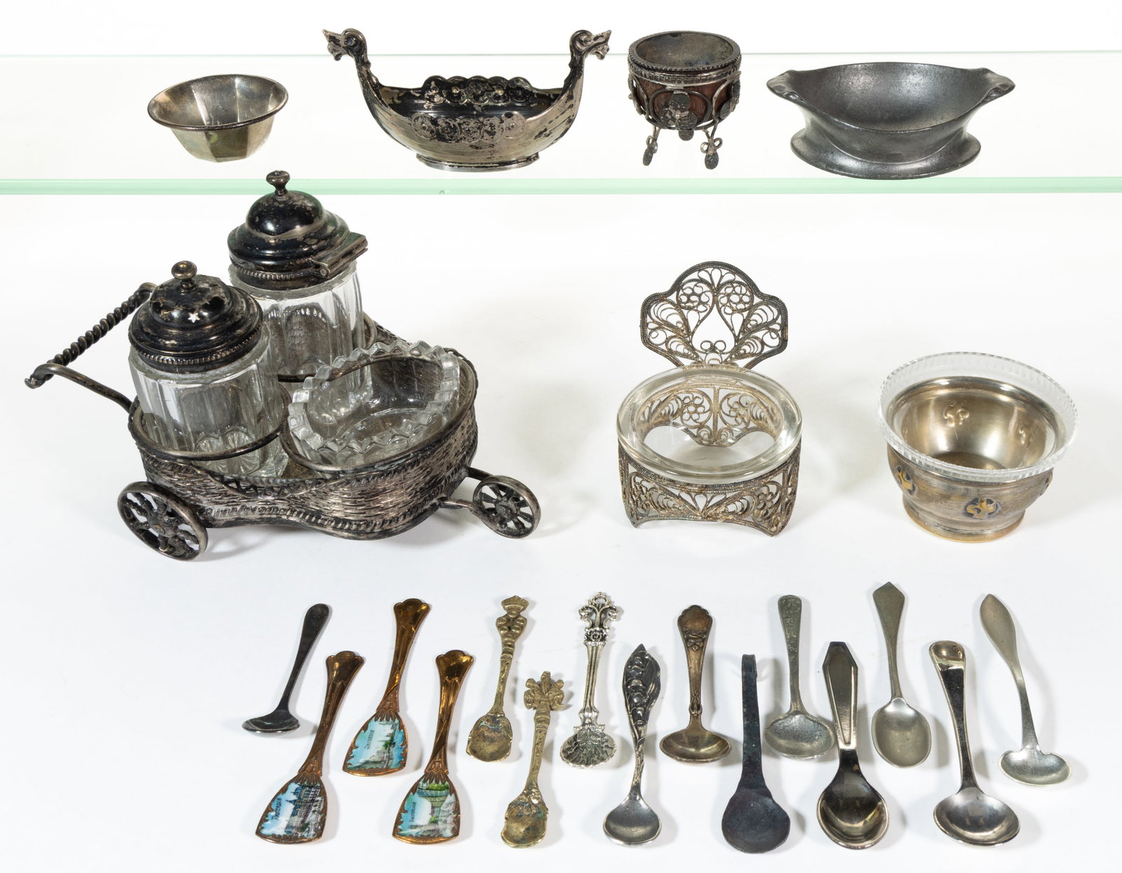 ASSORTED STERLING, SILVER-PLATED, AND OTHER OPEN SALTS AND RELATED ARTICLES, LOT OF 22 (1 of 2)