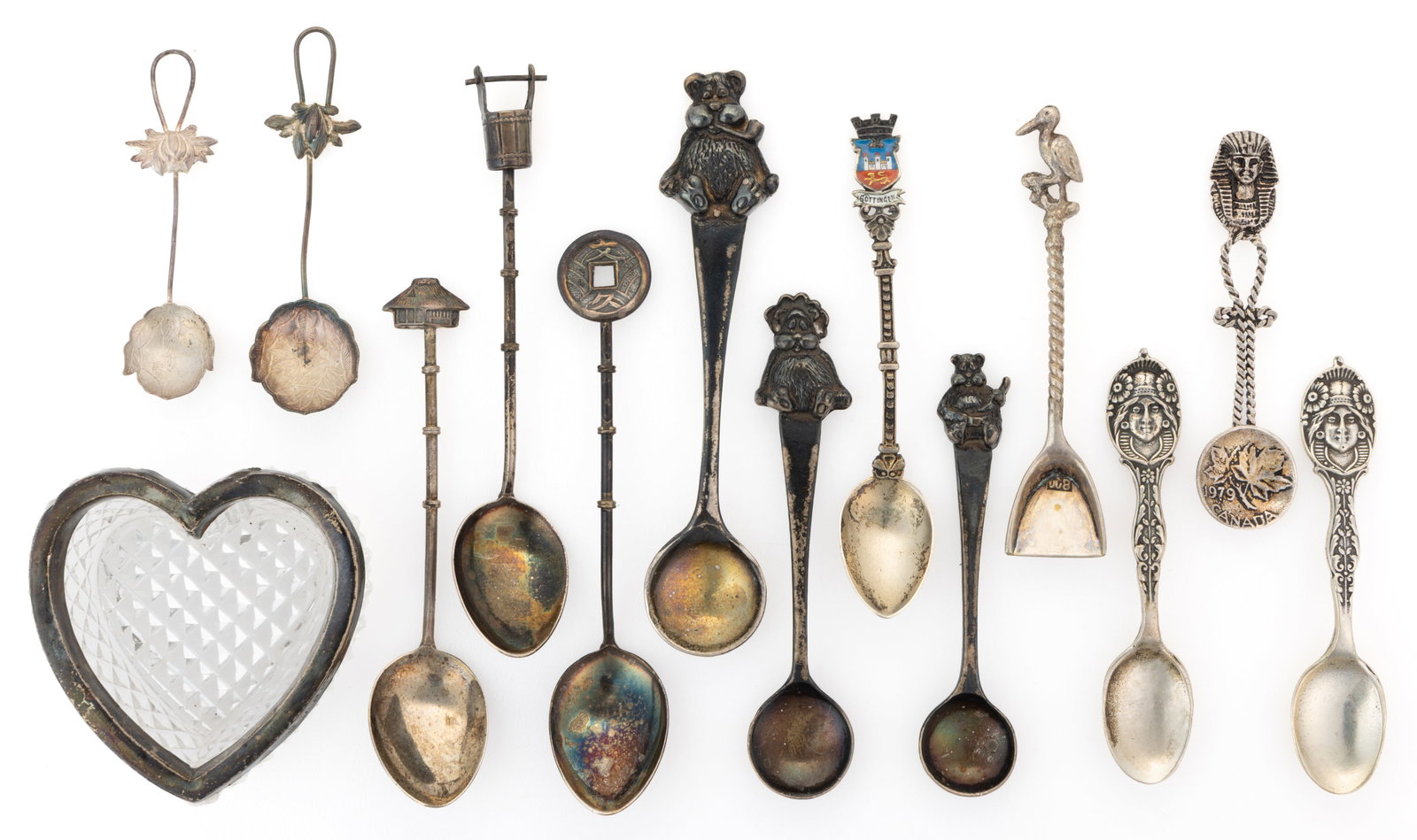 ASSORTED STERLING AND OTHER SILVER SALT SPOONS AND ARTICLES, LOT OF 14: ASSORTED STERLING AND OTHER SILVER SALT SPOONS AND ARTICLES, LOT OF 14, comprising four English pieces by Birmingham makers, consisting of a colorless cut-glass open salt with sterling rim by Reynolds