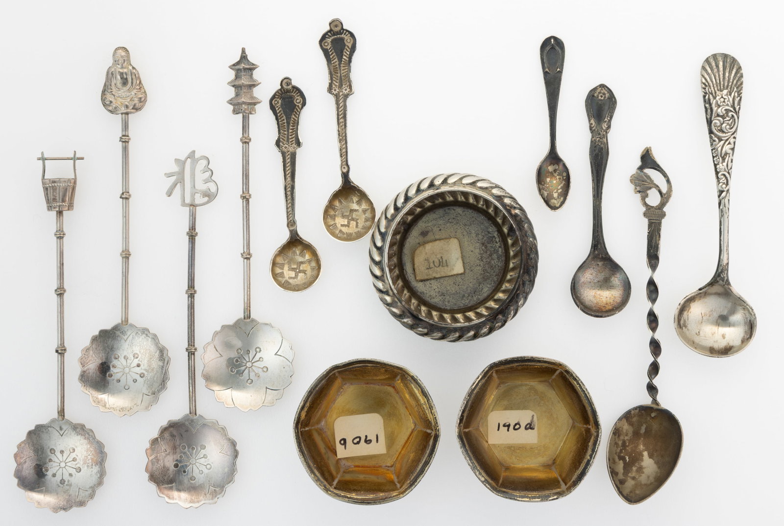 ASSORTED STERLING AND OTHER SILVER SPOONS AND OPEN SALTS, LOT OF 13: ASSORTED STERLING AND OTHER SILVER SPOONS AND OPEN SALTS, LOT OF 13, marked sterling pieces comprising a set of four demitasse spoons by Rosko of Japan having engraved flower-form bowls on bamboo-form