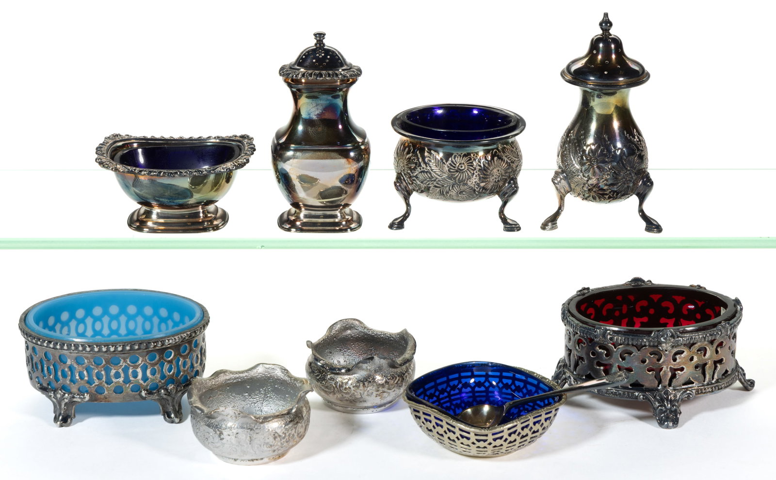 ASSORTED SILVER-PLATED OPEN SALTS AND RELATED ARTICLES, LOT OF TEN (1 of 1)