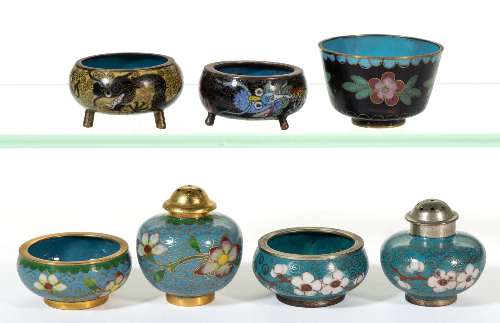 CHINESE CLOISONNE ENAMELED METAL OPEN SALTS AND PEPPER SHAKERS, LOT OF SEVEN (1 of 2)