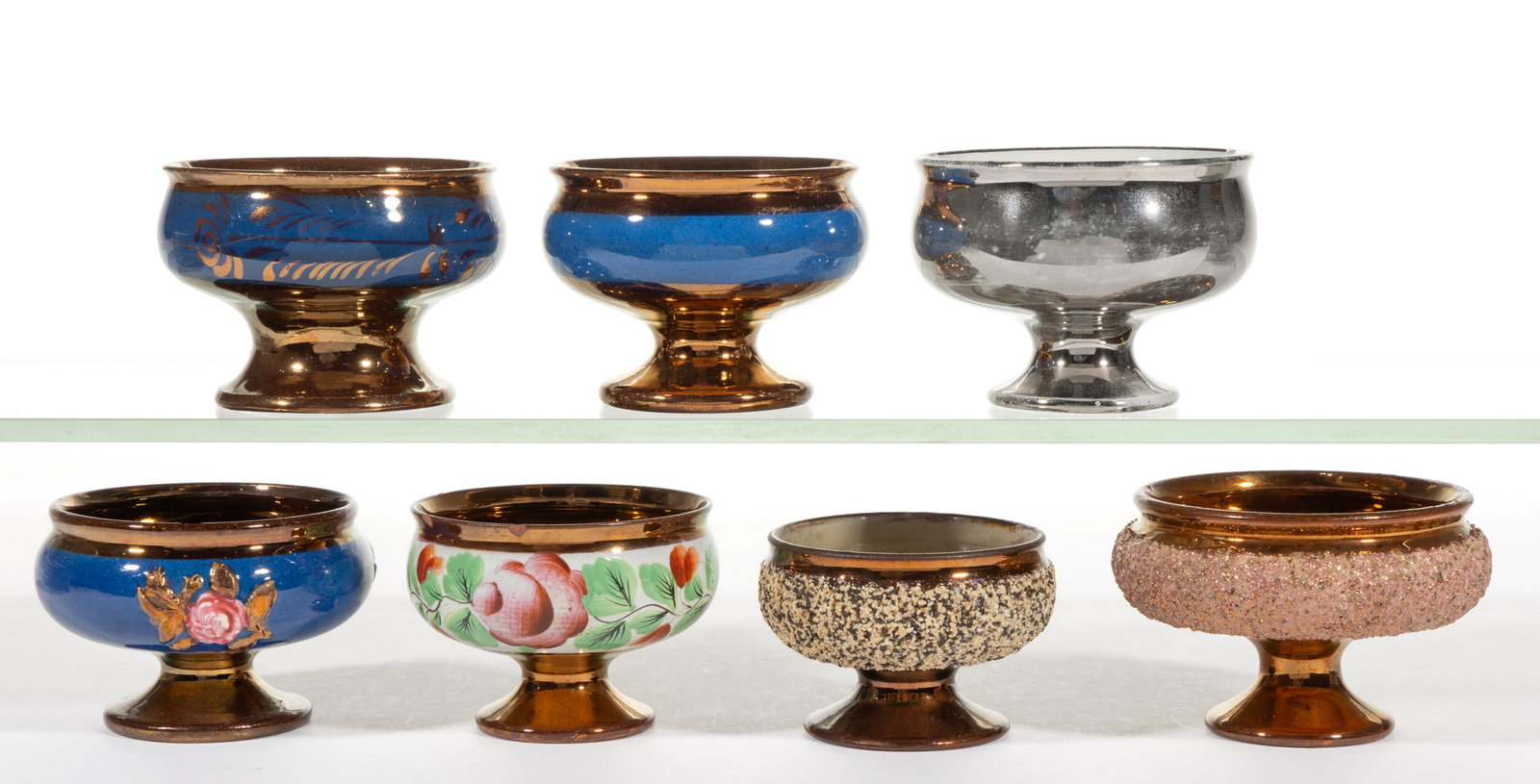 BRITISH LUSTRE-DECORATED CERAMIC OPEN SALTS, LOT OF SEVEN (1 of 1)