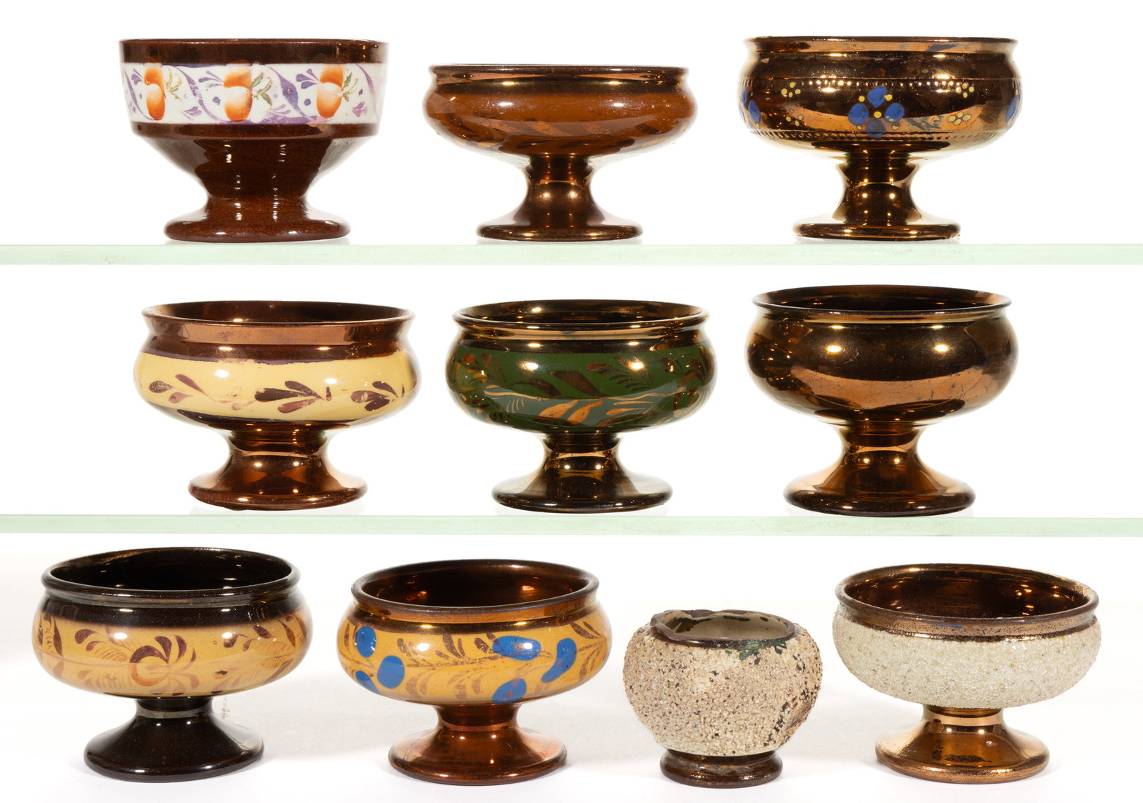 BRITISH COPPER LUSTRE CERAMIC OPEN SALTS, LOT OF TEN (1 of 1)