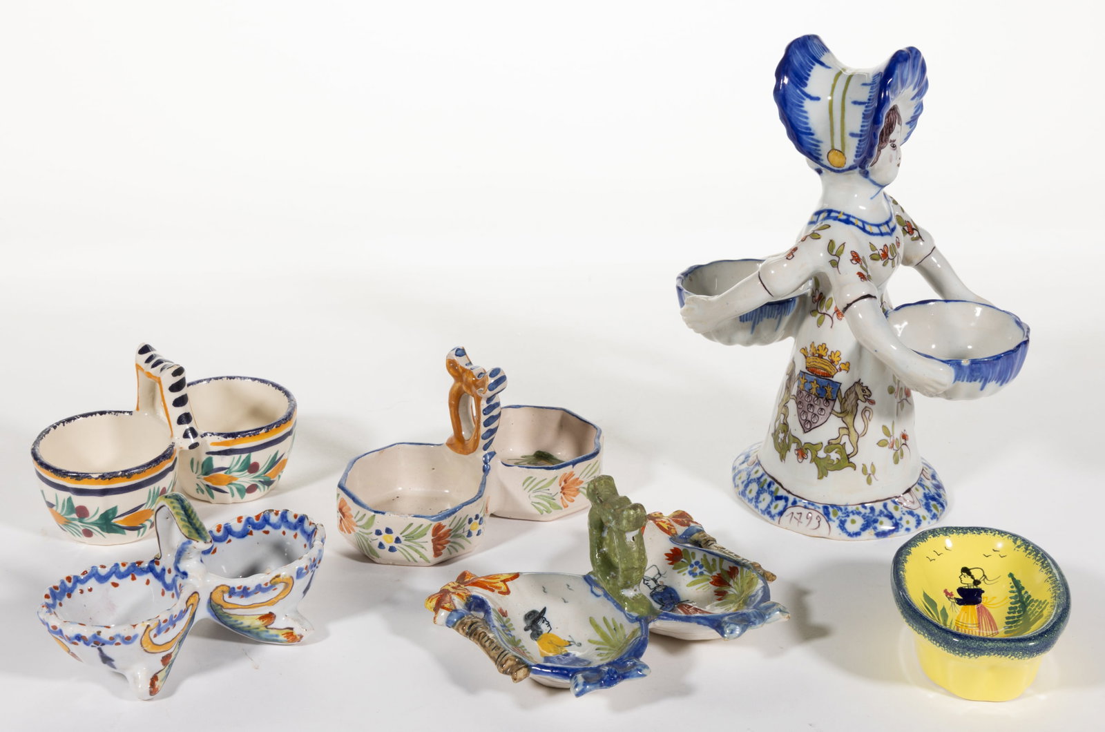 FRENCH HENRIOT QUIMPER AND OTHER FAIENCE POTTERY HAND-PAINTED OPEN SALTS, LOT OF SIX (1 of 1)