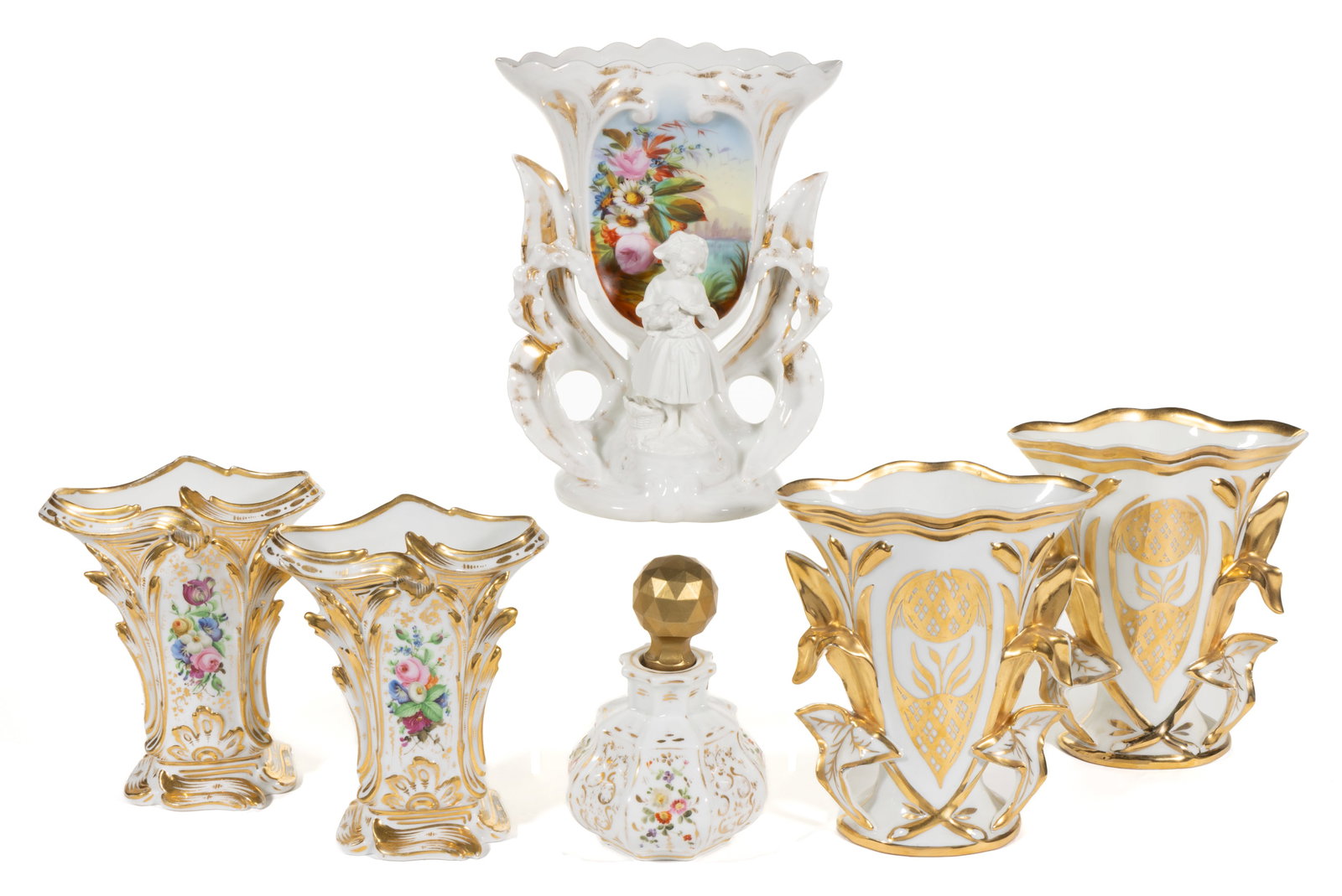 FRENCH OLD PARIS PORCELAIN HAND-PAINTED VASES AND OTHER ARTICLE, LOT OF SIX (1 of 3)
