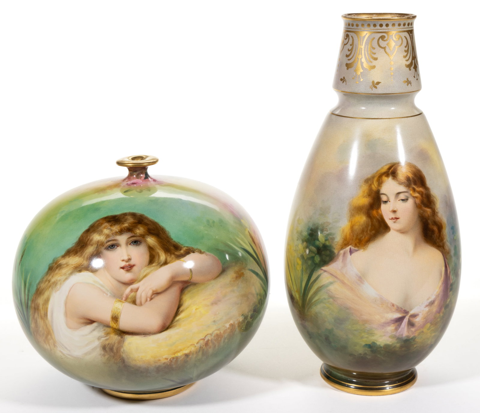 GERMAN ROYAL BONN PORCELAIN HAND-PAINTED PORTRAIT VASES, LOT OF TWO: GERMAN ROYAL BONN PORCELAIN HAND-PAINTED PORTRAIT VASES, LOT OF TWO, each having polychrome images depicting blond women and artist signed, comprising a globular-form example featuring a blue-eyed you