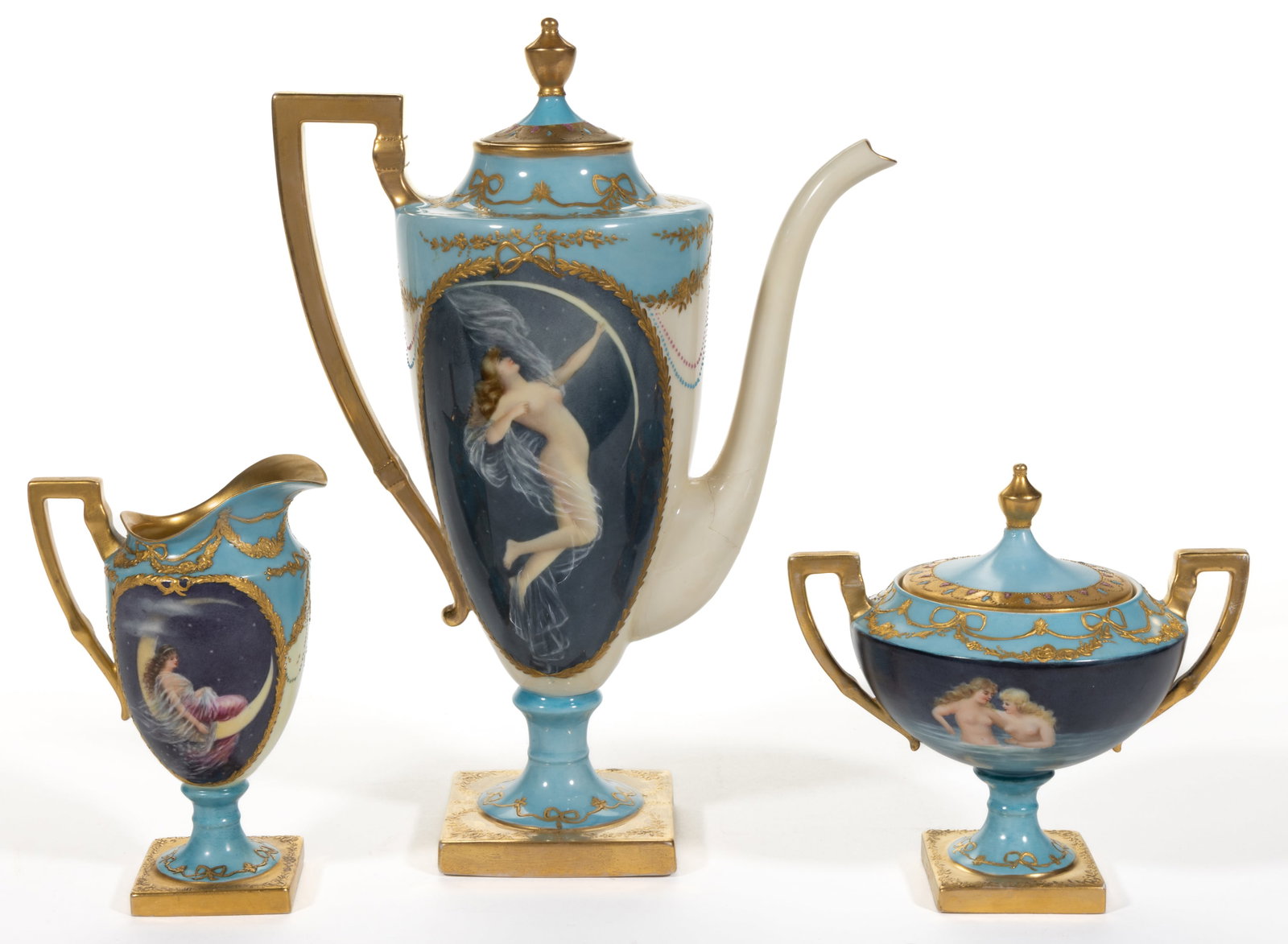 AMERICAN BELLEEK AND FRENCH LIMOGES PORCELAIN ART NOUVEAU WOMEN THREE-PIECE COFFEE SET: AMERICAN BELLEEK AND FRENCH LIMOGES PORCELAIN ART NOUVEAU WOMEN THREE-PIECE COFFEE SET, each featuring polychrome hand-painted images including nude women with darkened sky backgrounds, comprising a c