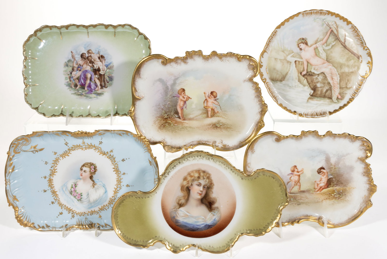 CONTINENTAL PORCELAIN FIGURE MOTIF TRAYS, LOT OF SIX (1 of 1)