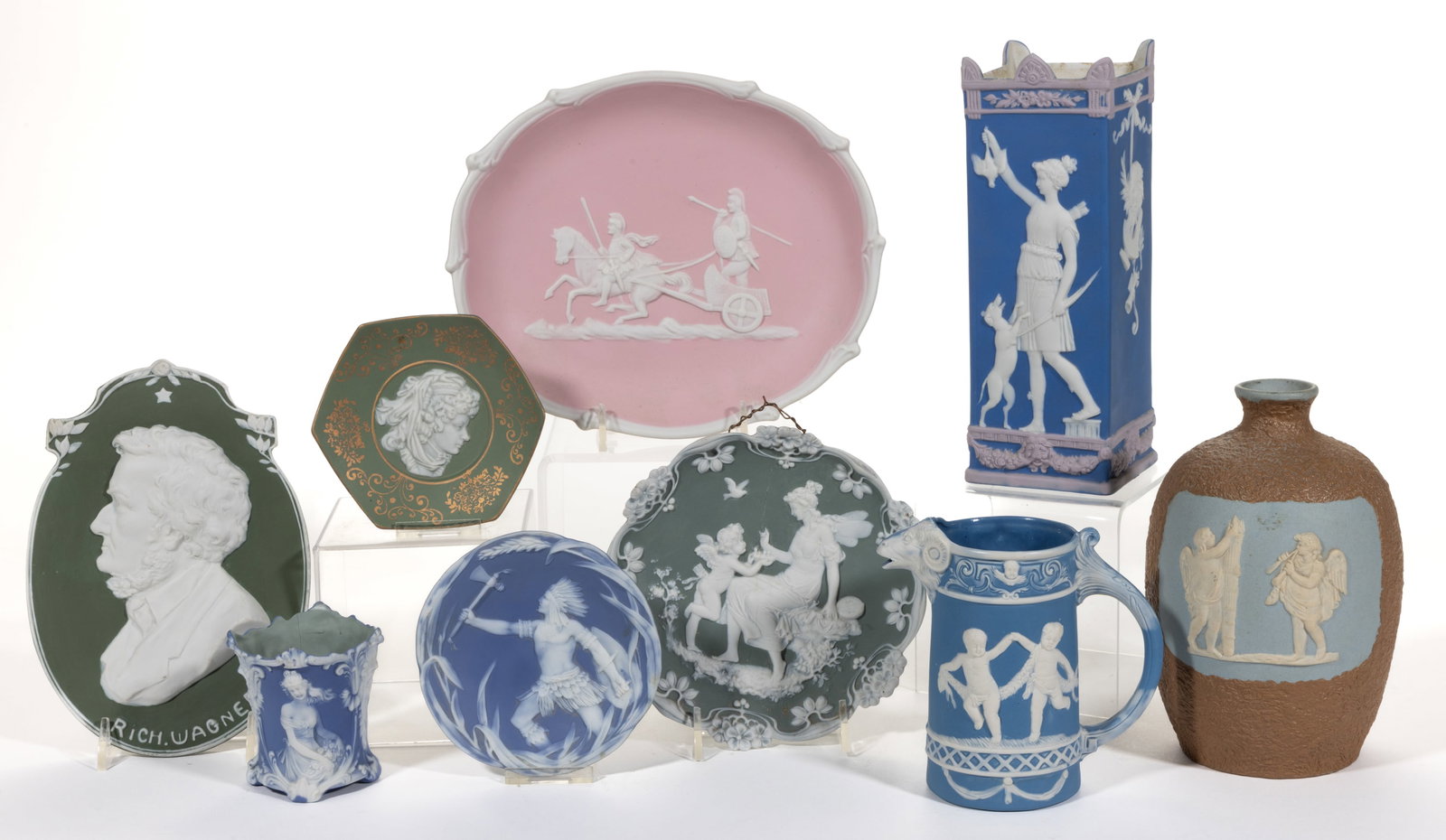GERMAN JASPERWARE STONEWARE ARTICLES, LOT OF NINE (1 of 1)