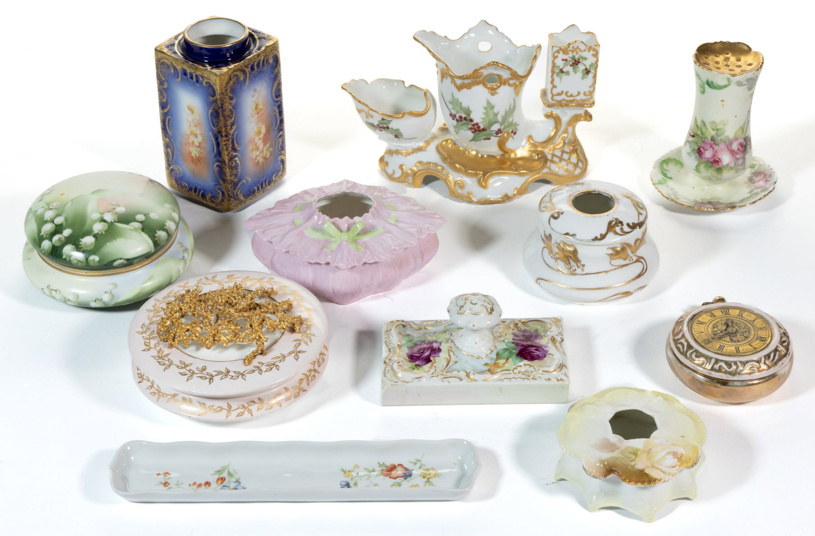 ASSORTED PORCELAIN DESK, DRESSER, AND OTHER ARTICLES, LOT OF TEN (1 of 1)