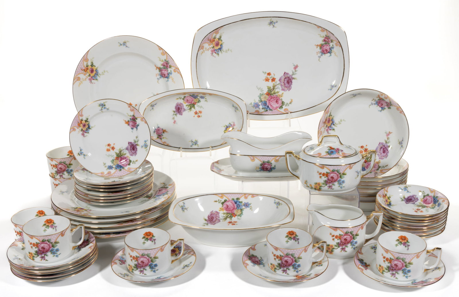 CZECHOSLOVAKIAN EPIAG PORCELAIN BRIDAL ROSE 51-PIECE TABLE SET: CZECHOSLOVAKIAN EPIAG PORCELAIN BRIDAL ROSE 51-PIECE TABLE SET, each featuring bright polychrome floral transfer decoration, including an open vegetable dish, a 14 1/4" x 9 3/4" platter,&nbs