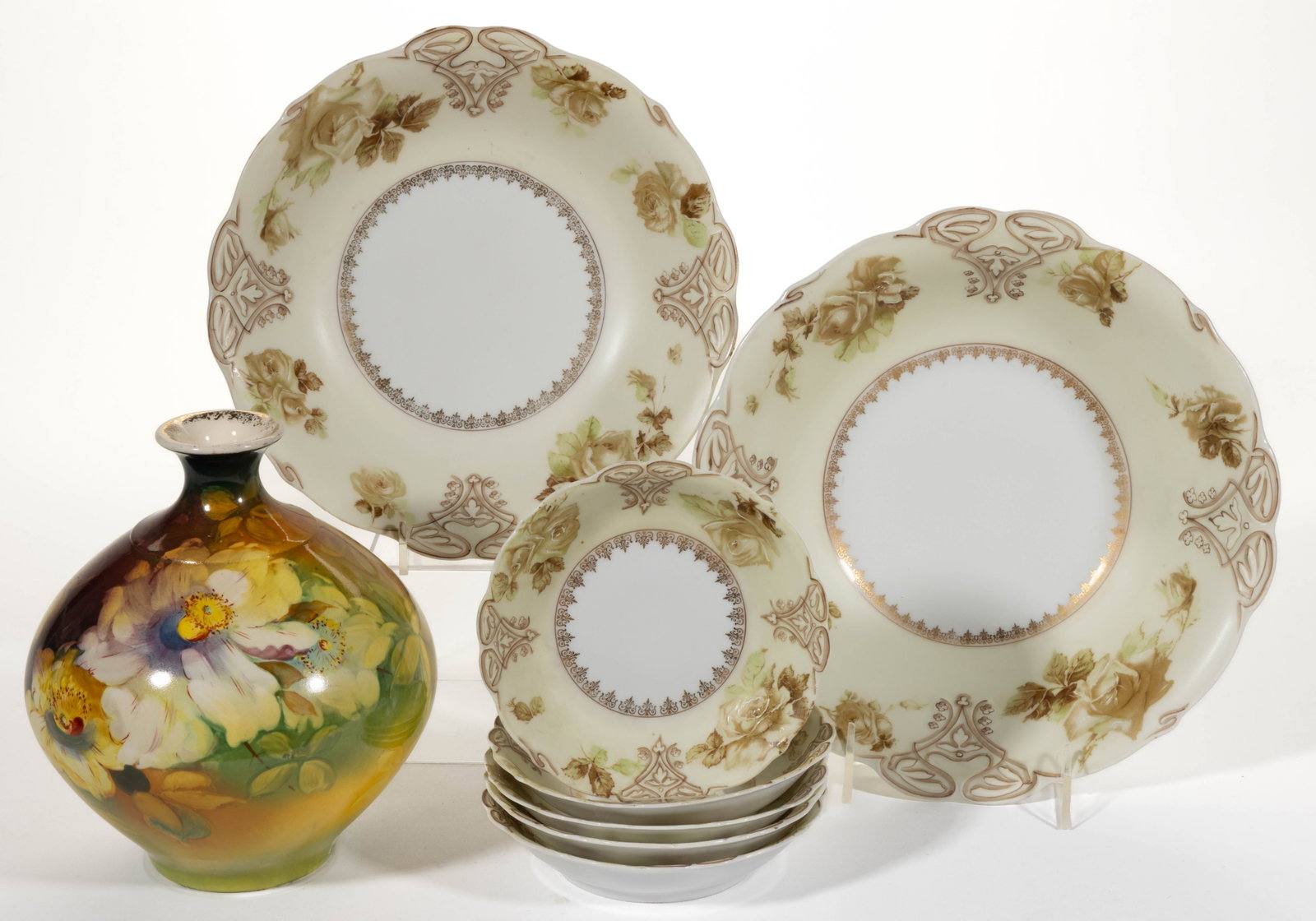 GERMAN / SILESIAN HAND-PAINTED FLORAL MOTIF CERAMIC ARTICLES, LOT OF EIGHT (1 of 1)