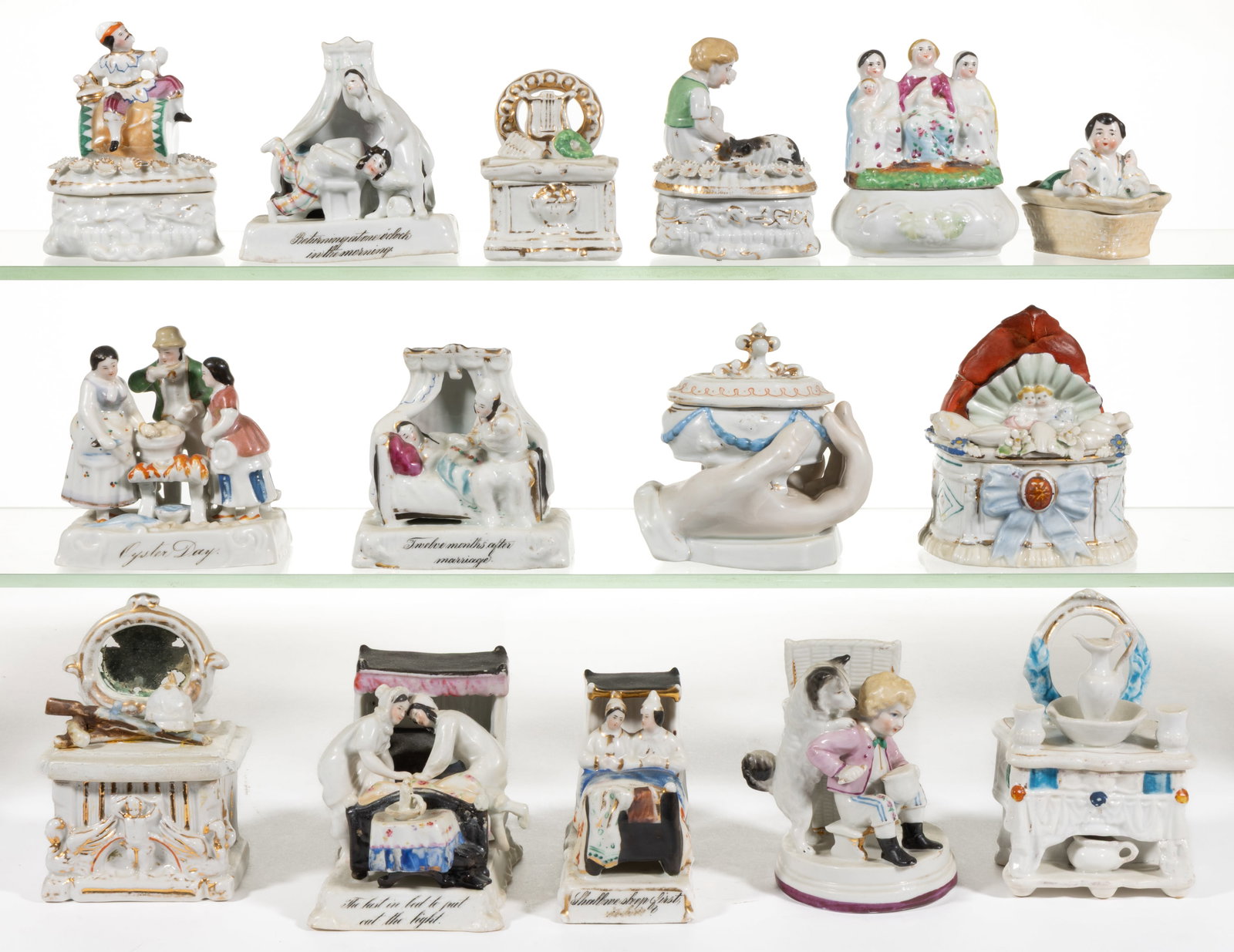 GERMAN PORCELAIN FIGURAL TRINKET / FAIRING / MATCH BOXES, LOT OF 15 (1 of 1)