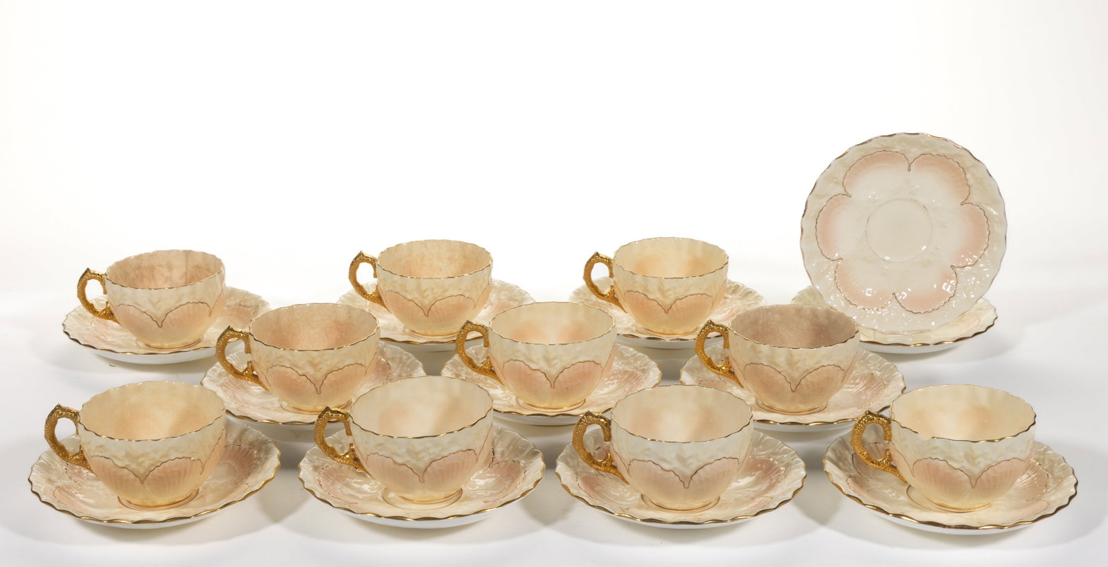 ENGLISH COALPORT PORCELAIN SHELL MOTIF CUPS AND SAUCERS, LOT OF 22 (1 of 1)
