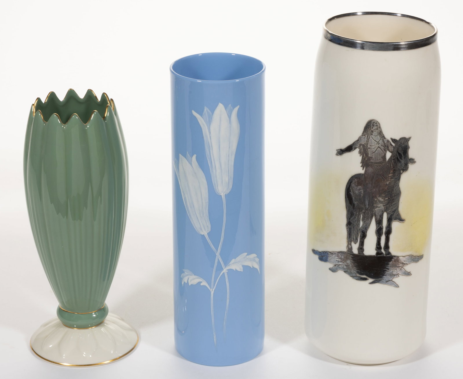 AMERICAN BELLEEK LENOX PORCELAIN VASES, LOT OF THREE: AMERICAN BELLEEK LENOX PORCELAIN VASES, LOT OF THREE, comprising one elongated floriform example having green-glazed body, a cream-glazed foot, and gilt accents and two cylindrical-form