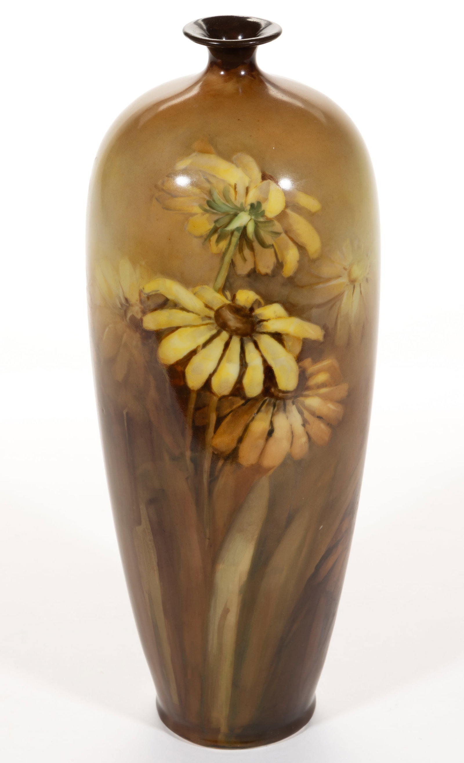 AMERICAN BELLEEK LENOX PORCELAIN HAND-PAINTED FLORAL MOTIF VASE: AMERICAN BELLEEK LENOX PORCELAIN HAND-PAINTED FLORAL MOTIF VASE, featuring beautiful polychrome Black-eyed Susan flowers on standard glaze ground. Green-printed palette mark with "CAC" monog