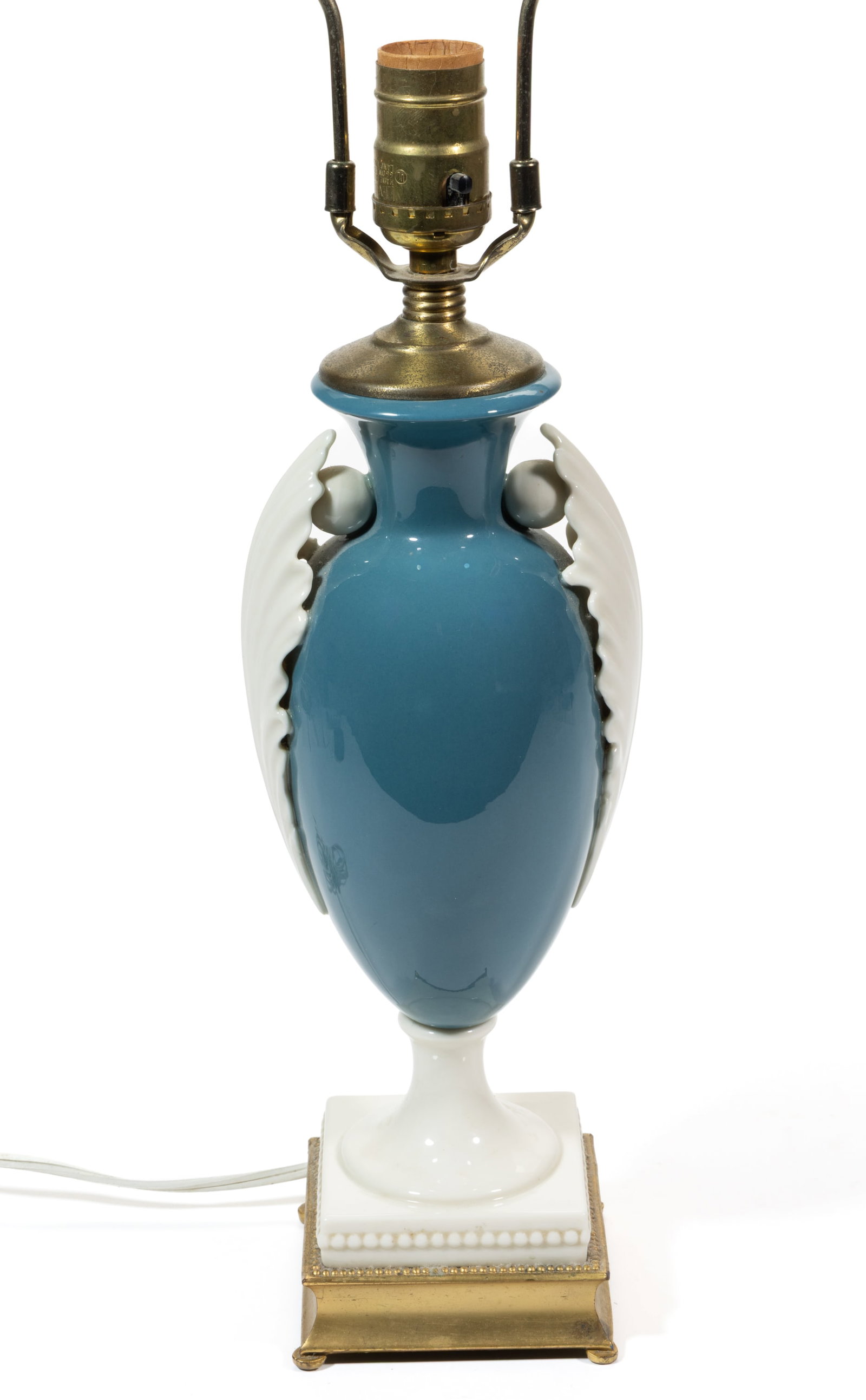 AMERICAN LENOX PORCELAIN / DAV ART NY ELECTRIC TABLE LAMP: AMERICAN LENOX PORCELAIN / DAV ART NY ELECTRIC TABLE LAMP, baluster form with peacock blue-glazed body and cream-glazed foot, having applied cream-glazed leaf and sphere to each side, mounted on 