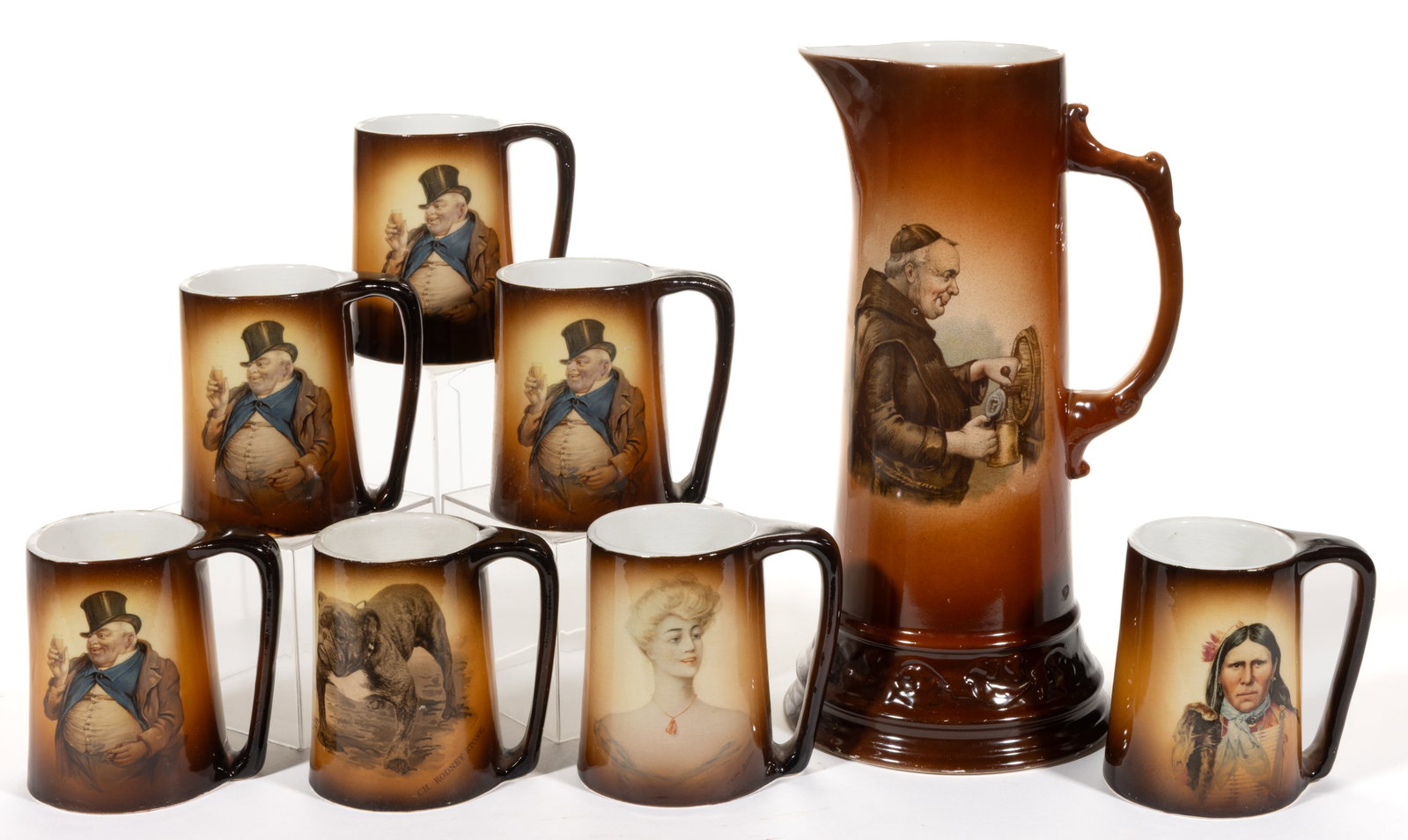 AMERICAN WARWICK IOGA PORCELAIN PITCHER AND MUG ASSEMBLED SET, LOT OF EIGHT: AMERICAN WARWICK IOGA PORCELAIN PITCHER AND MUG ASSEMBLED SET, LOT OF EIGHT, each having polychrome image with brown surround, comprising a tall pitcher depicting a monk drawing beer from a keg a