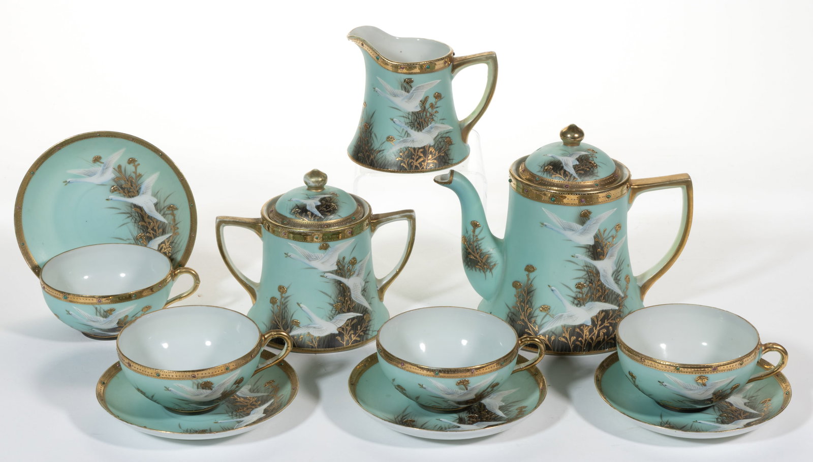 JAPANESE NIPPON PORCELAIN HAND-PAINTED SWAN MOTIF SEVEN-PIECE TEA SET (1 of 2)