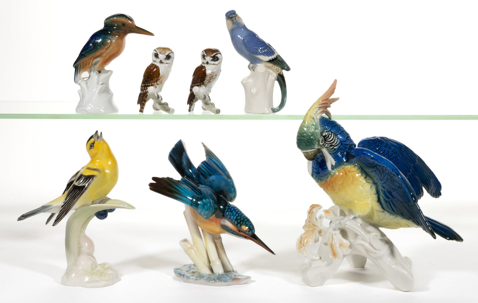 BOHEMIAN AND GERMAN HAND-PAINTED PORCELAIN BIRD FIGURES, LOT OF SEVEN: BOHEMIAN AND GERMAN HAND-PAINTED PORCELAIN BIRD FIGURES, LOT OF SEVEN, each having polychrome decorations, comprising a Karl Ens example depicting a colorful cockatoo with wings outstretched