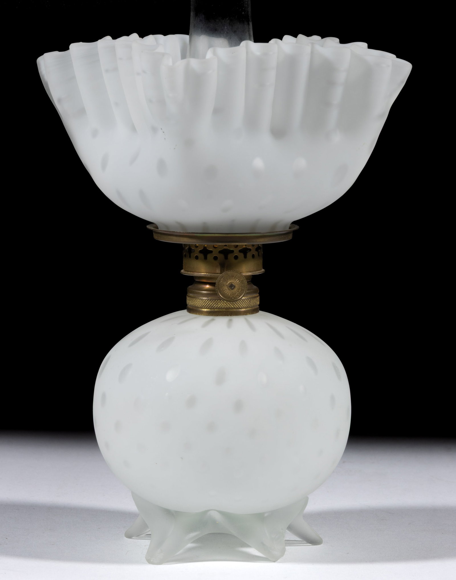 RAINDROP AIR-TRAP MOTHER-OF-PEARL SATIN GLASS MINIATURE LAMP: RAINDROP AIR-TRAP MOTHER-OF-PEARL SATIN GLASS MINIATURE LAMP, cased white, globular-form font, colorless applied base with five raised toes, each with pressed rib pattern, matching patterned squa