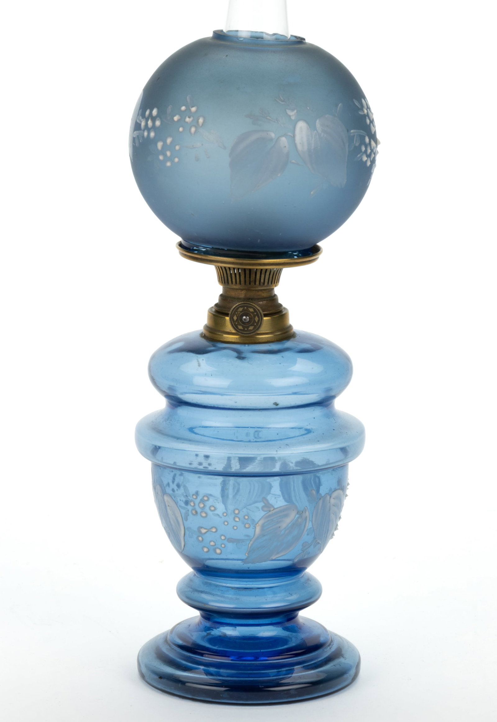 ENAMEL DECORATED MINIATURE LAMP: ENAMEL DECORATED MINIATURE LAMP, smoky blue with white enamel floral decoration, urn-form font with double-ringed and stepped shoulder, circular pedestal-form foot, matching decorated ball-form shade 