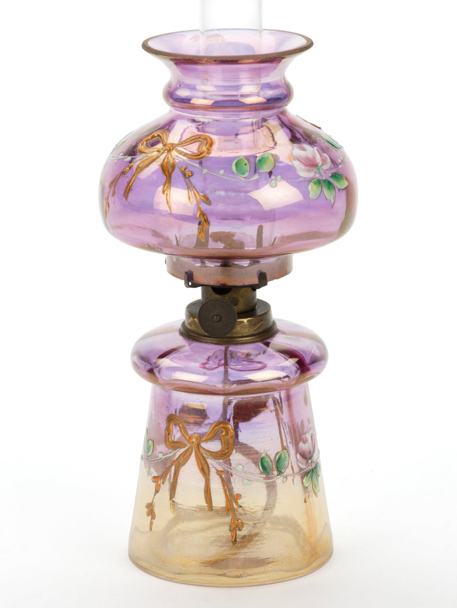 VICTORIAN FLORAL DECORATED PANEL OPTIC MINIATURE LAMP: VICTORIAN FLORAL DECORATED PANEL OPTIC MINIATURE LAMP, colorless with rose to marigold light iridescence, heavy polychrome enamel floral decoration, font having a ringed shoulder and tapered base